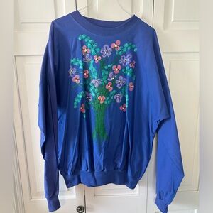 Quitman USA Blue Long Sleeve Too with Purple and Pink Painted Flowers Size XL